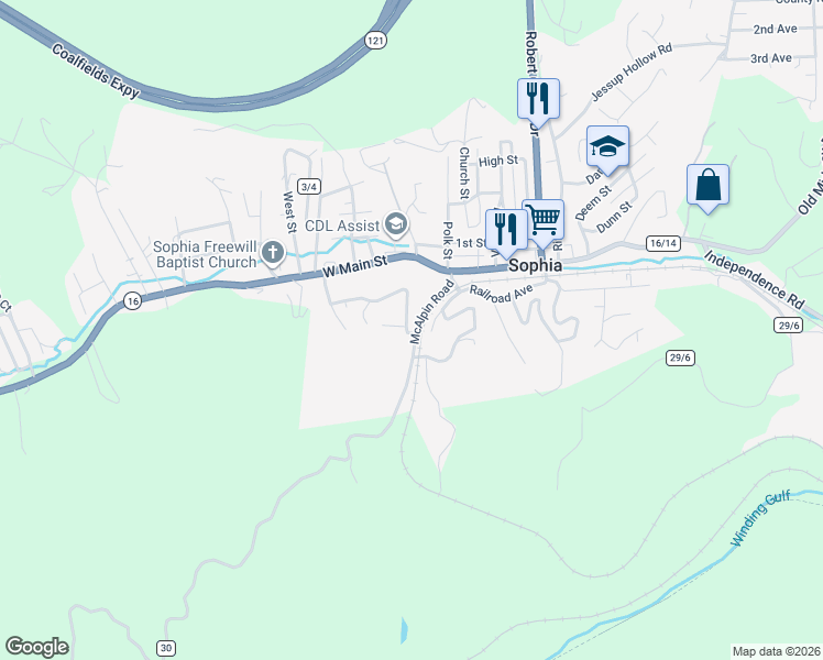 map of restaurants, bars, coffee shops, grocery stores, and more near 126 Railroad Ave in MacArthur