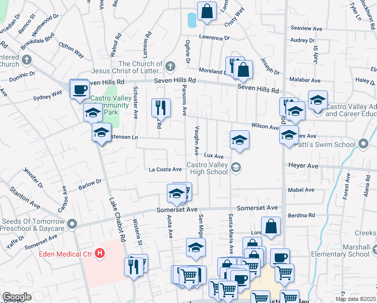 map of restaurants, bars, coffee shops, grocery stores, and more near 19286 Parsons Avenue in Castro Valley
