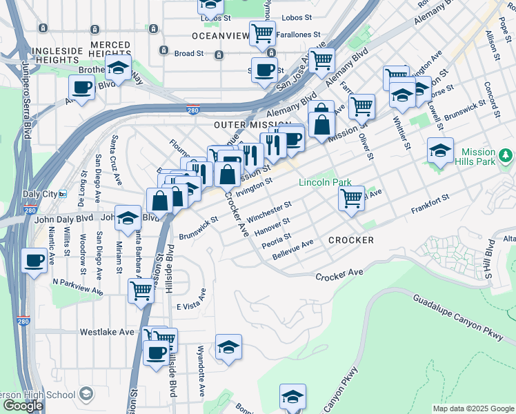 map of restaurants, bars, coffee shops, grocery stores, and more near 1139 Brunswick Street in Daly City