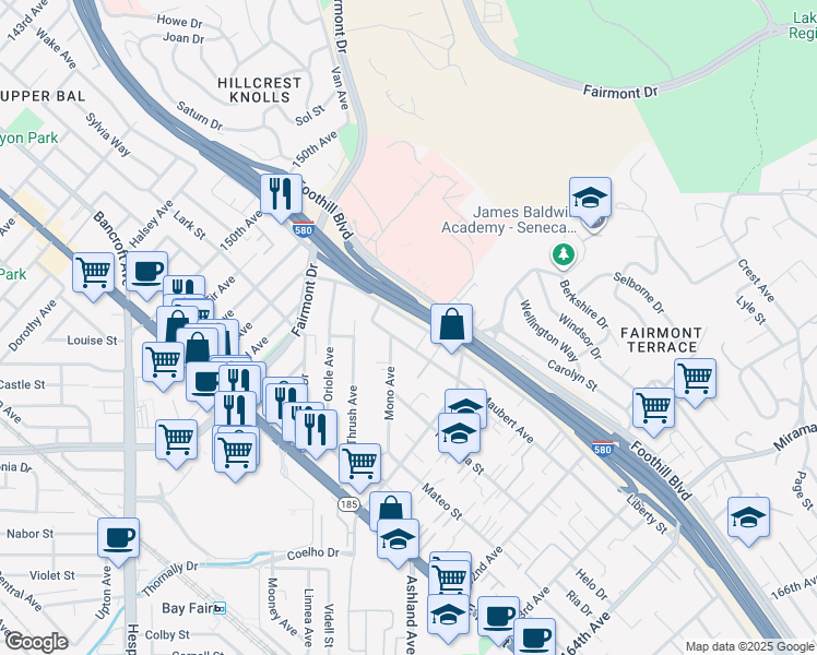 map of restaurants, bars, coffee shops, grocery stores, and more near 15667 Liberty Street in San Leandro