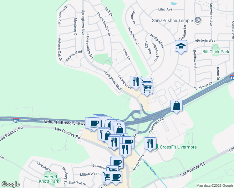 map of restaurants, bars, coffee shops, grocery stores, and more near 1048 Spring Valley Common in Livermore