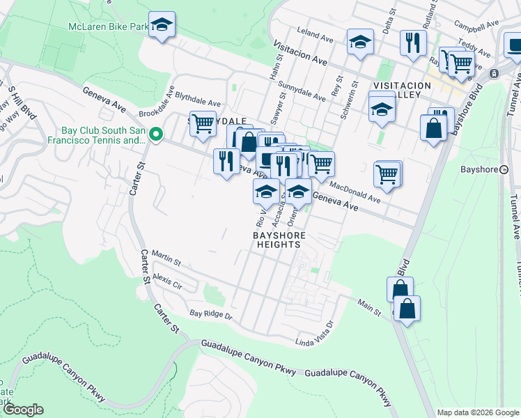 map of restaurants, bars, coffee shops, grocery stores, and more near 183 Rio Verde Street in Daly City