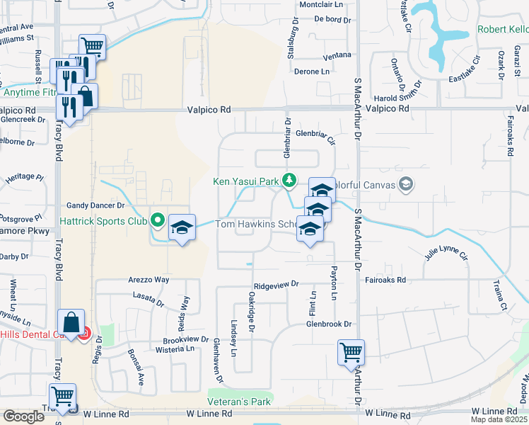 map of restaurants, bars, coffee shops, grocery stores, and more near 277 James W Smith Drive in Tracy