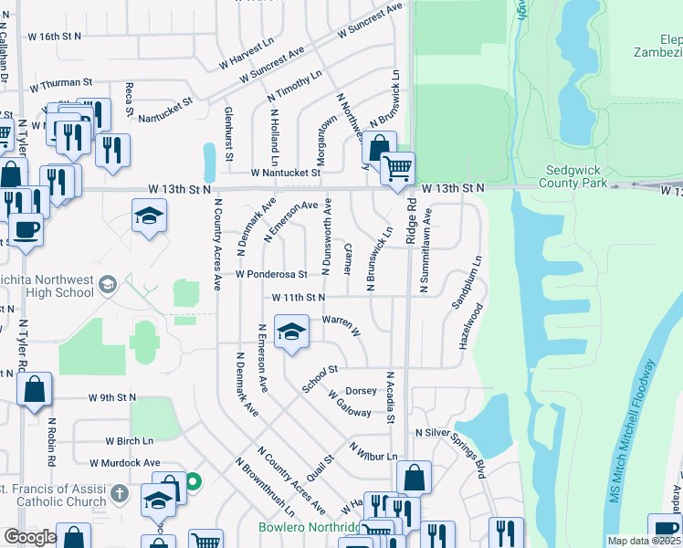 map of restaurants, bars, coffee shops, grocery stores, and more near 1215 Cramer in Wichita