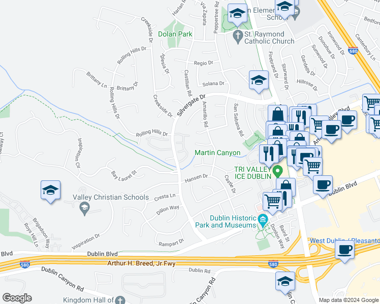 map of restaurants, bars, coffee shops, grocery stores, and more near 7445 Rolling Hills Circle in Dublin