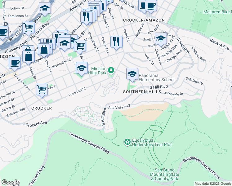 map of restaurants, bars, coffee shops, grocery stores, and more near 1014 San Gabriel Circle in Daly City