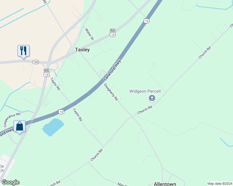 map of restaurants, bars, coffee shops, grocery stores, and more near 22169 Daugherty Road in Accomac