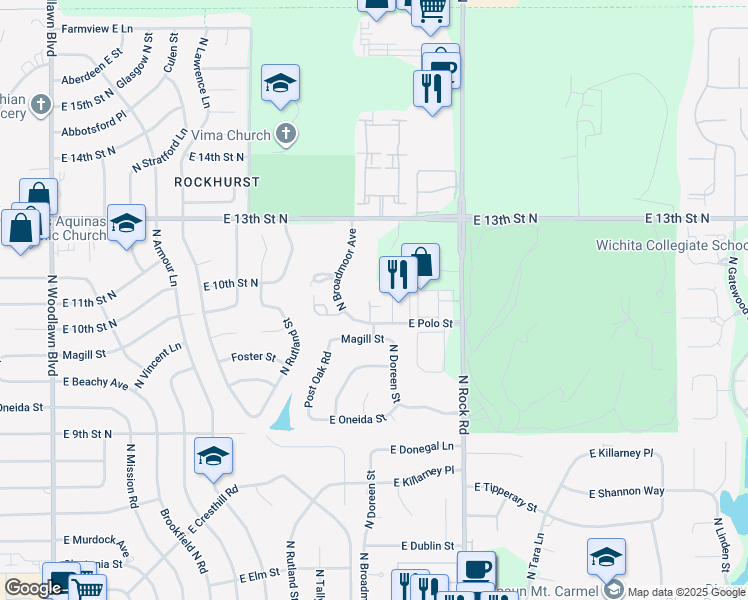 map of restaurants, bars, coffee shops, grocery stores, and more near 7676 East Polo Street in Wichita