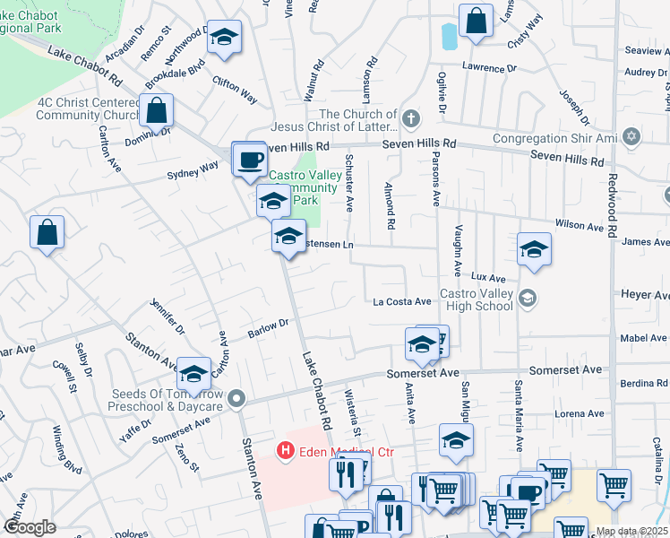 map of restaurants, bars, coffee shops, grocery stores, and more near 3231 Barett Court in Castro Valley