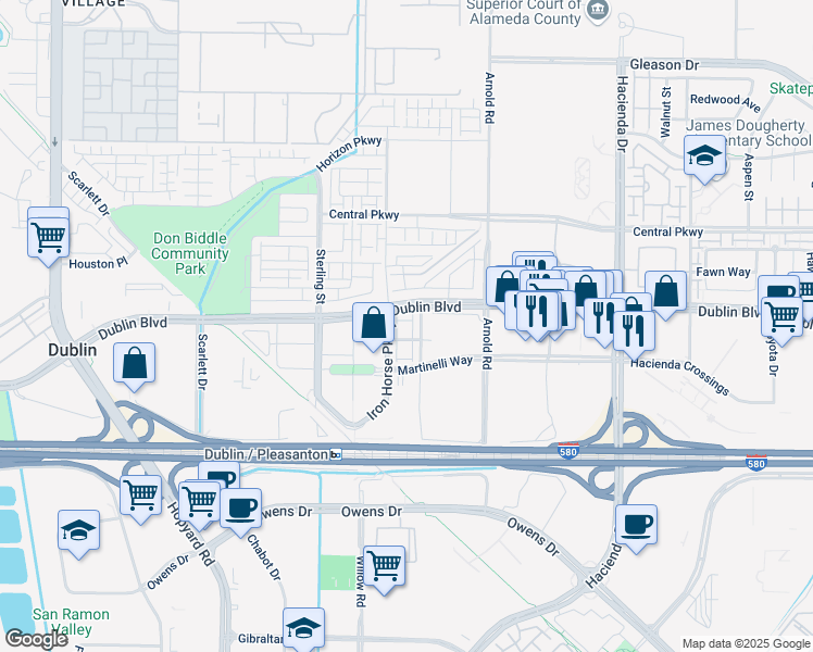 map of restaurants, bars, coffee shops, grocery stores, and more near 5399 Iron Horse Parkway in Dublin