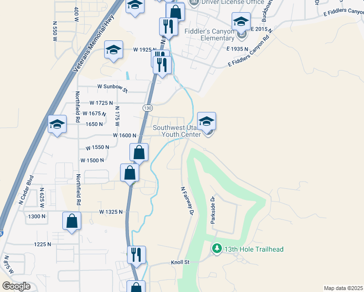 map of restaurants, bars, coffee shops, grocery stores, and more near 1581 North Fairway Drive in Cedar City