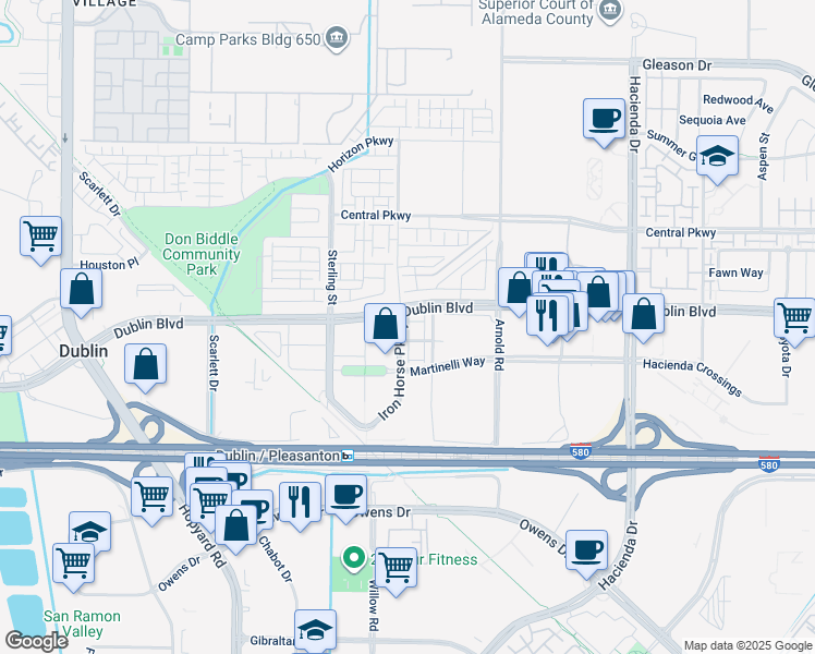map of restaurants, bars, coffee shops, grocery stores, and more near 5399 Iron Horse Parkway in Dublin