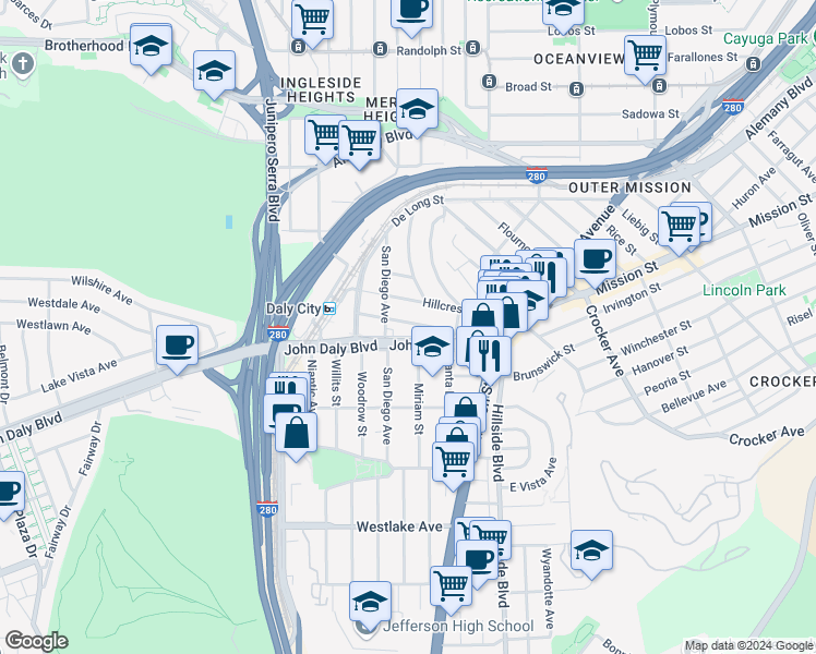 map of restaurants, bars, coffee shops, grocery stores, and more near in Daly City