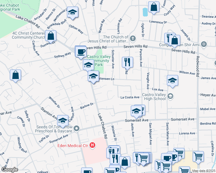 map of restaurants, bars, coffee shops, grocery stores, and more near 3231 Barett Court in Castro Valley