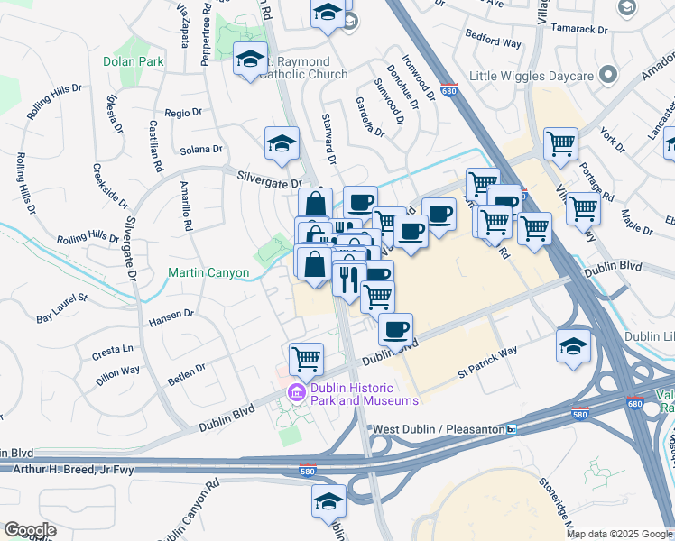 map of restaurants, bars, coffee shops, grocery stores, and more near Amador Valley Boulevard & San Ramon Road in Dublin