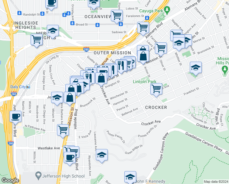 map of restaurants, bars, coffee shops, grocery stores, and more near 1139 Brunswick Street in Daly City