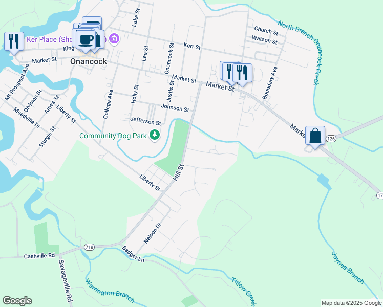 map of restaurants, bars, coffee shops, grocery stores, and more near 4 Hillcrest Drive in Onancock