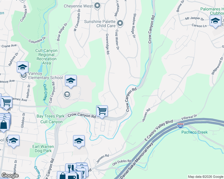 map of restaurants, bars, coffee shops, grocery stores, and more near 5415 Greenridge Road in Castro Valley