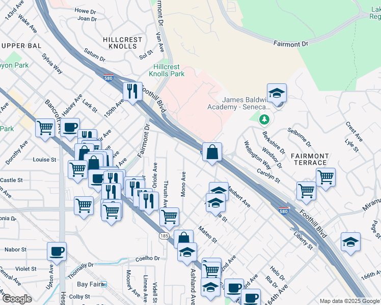 map of restaurants, bars, coffee shops, grocery stores, and more near 15602 Maubert Avenue in San Leandro