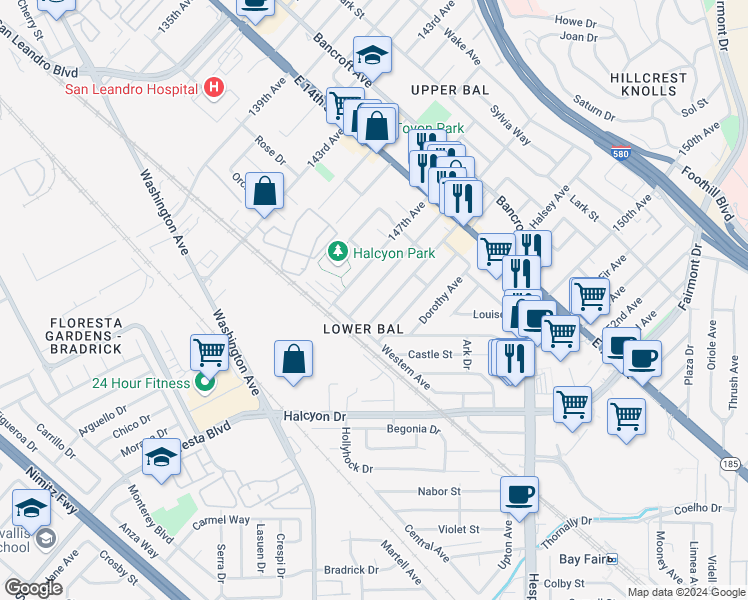 map of restaurants, bars, coffee shops, grocery stores, and more near 1248 Lillian Avenue in San Leandro
