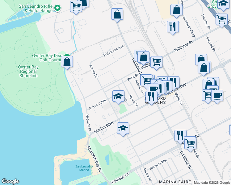 map of restaurants, bars, coffee shops, grocery stores, and more near 2439 State Street in San Leandro