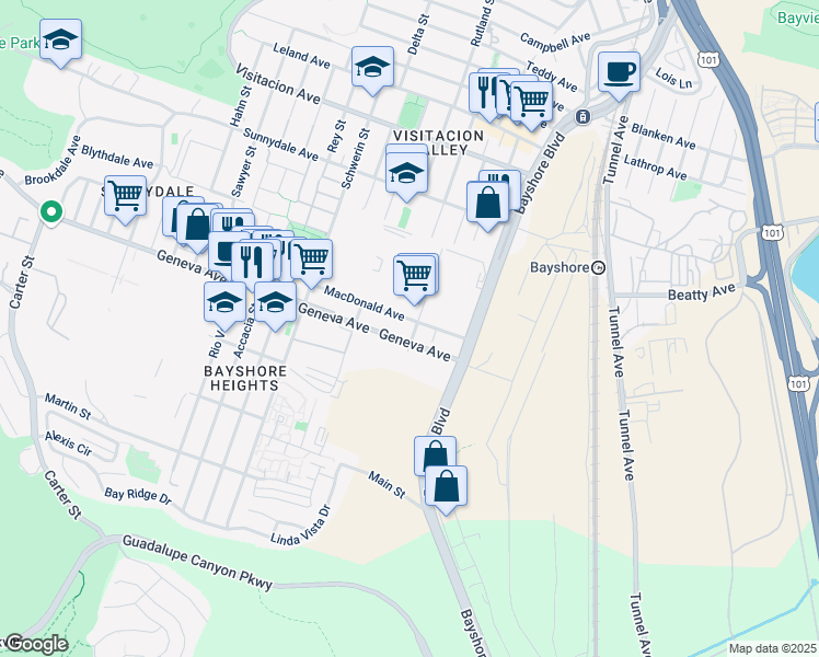 map of restaurants, bars, coffee shops, grocery stores, and more near 3175 Geneva Avenue in Daly City