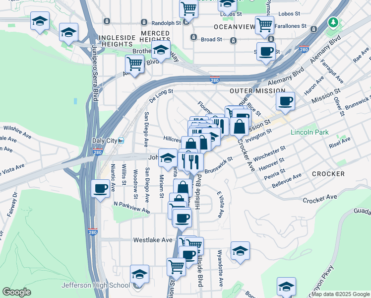 map of restaurants, bars, coffee shops, grocery stores, and more near 44 Los Olivos Avenue in Daly City