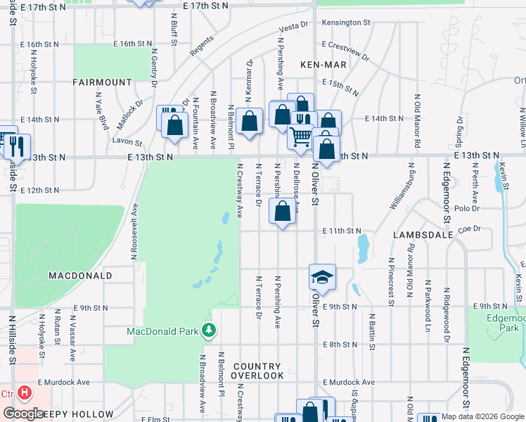 map of restaurants, bars, coffee shops, grocery stores, and more near 1228 North Terrace Drive in Wichita