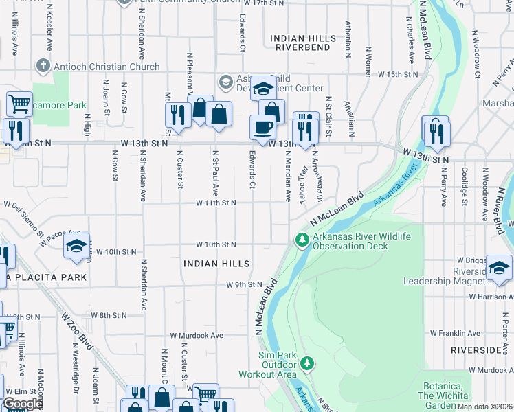 map of restaurants, bars, coffee shops, grocery stores, and more near 1145 N Edwards Ave in Wichita