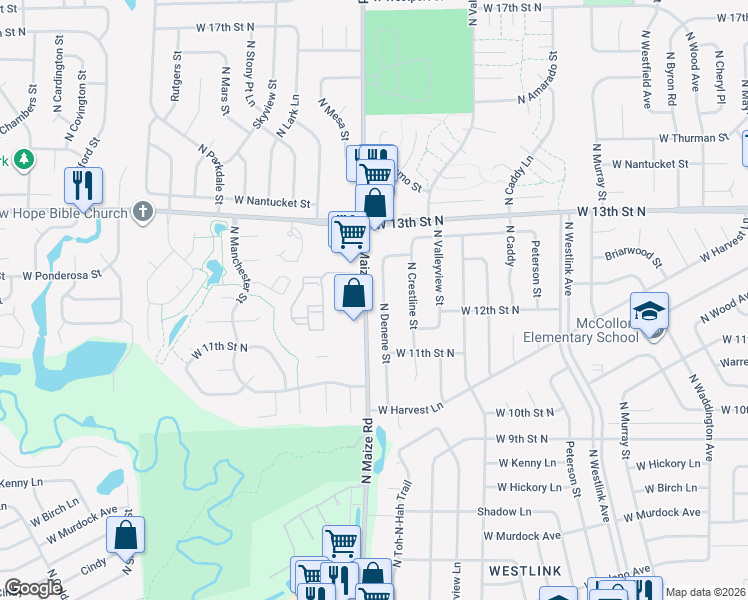 map of restaurants, bars, coffee shops, grocery stores, and more near 1102-1398 North Maize Road in Wichita