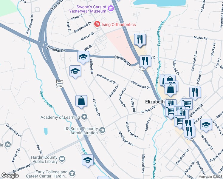 map of restaurants, bars, coffee shops, grocery stores, and more near 308 Estate Drive in Elizabethtown