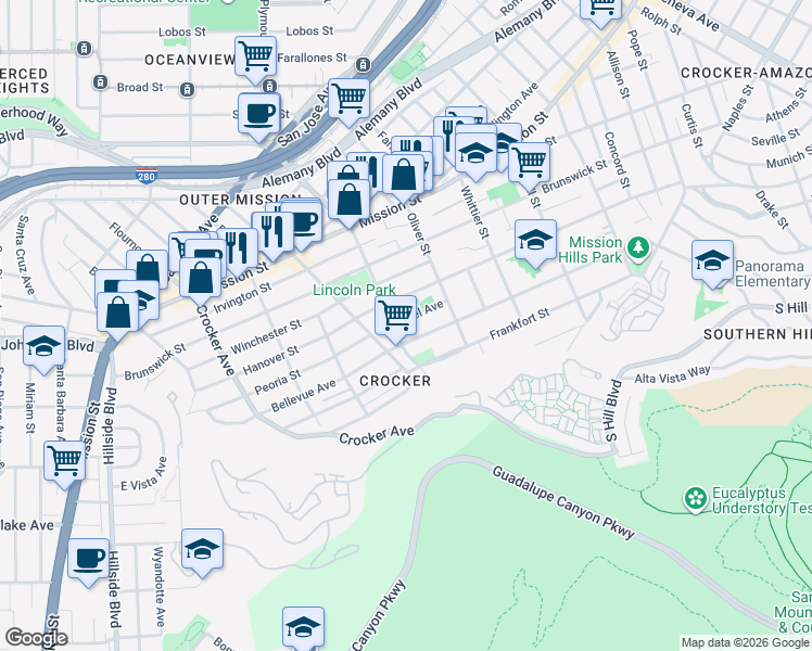map of restaurants, bars, coffee shops, grocery stores, and more near in Daly City