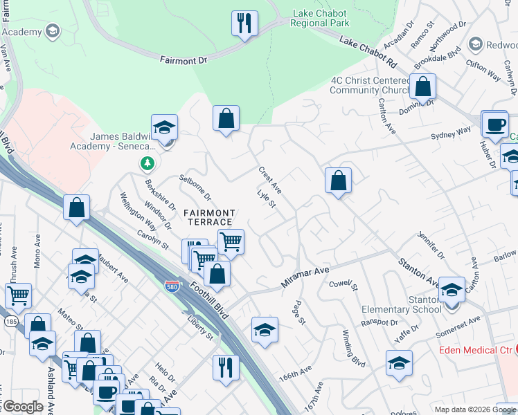 map of restaurants, bars, coffee shops, grocery stores, and more near 2421 Crestview Court in San Leandro