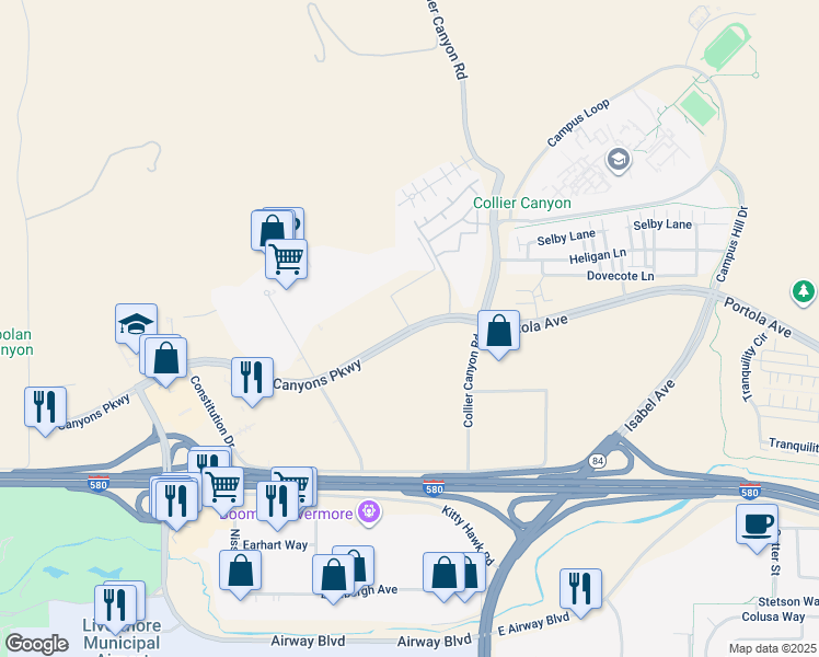 map of restaurants, bars, coffee shops, grocery stores, and more near 201 North Canyon Parkway in Livermore
