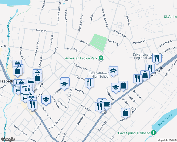 map of restaurants, bars, coffee shops, grocery stores, and more near 638 Margot Avenue in Elizabethtown
