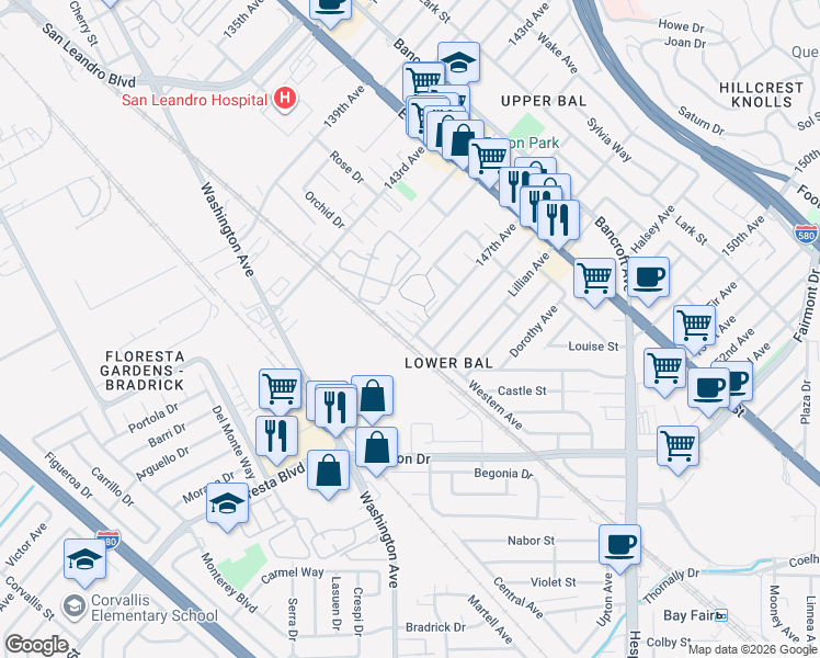 map of restaurants, bars, coffee shops, grocery stores, and more near 1207 147th Avenue in San Leandro