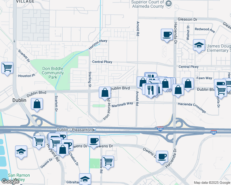 map of restaurants, bars, coffee shops, grocery stores, and more near 5578 Dublin Boulevard in Dublin