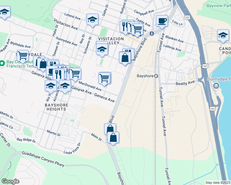 map of restaurants, bars, coffee shops, grocery stores, and more near 16 Macdonald Avenue in Daly City