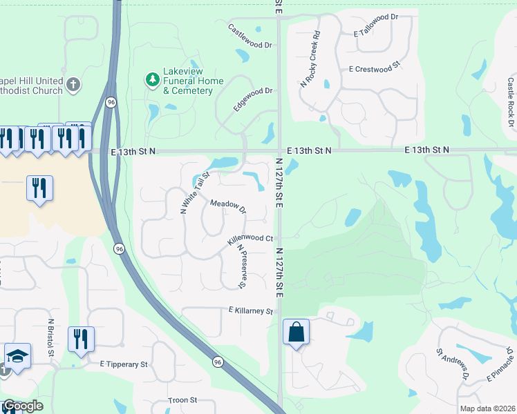 map of restaurants, bars, coffee shops, grocery stores, and more near 12600 East Meadow Court in Wichita