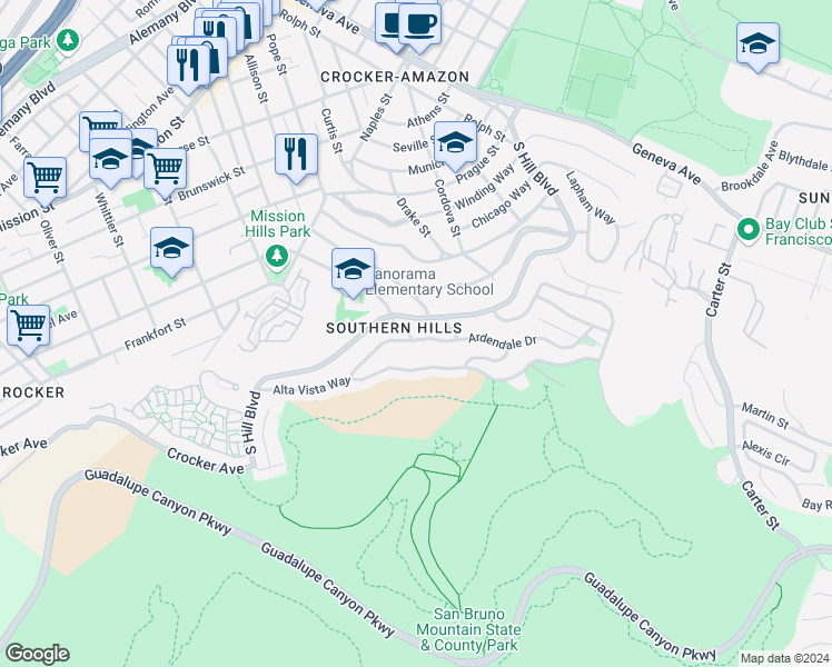 map of restaurants, bars, coffee shops, grocery stores, and more near 298 Ardendale Drive in Daly City