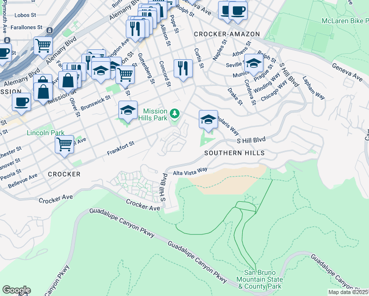 map of restaurants, bars, coffee shops, grocery stores, and more near 1017 San Gabriel Circle in Daly City