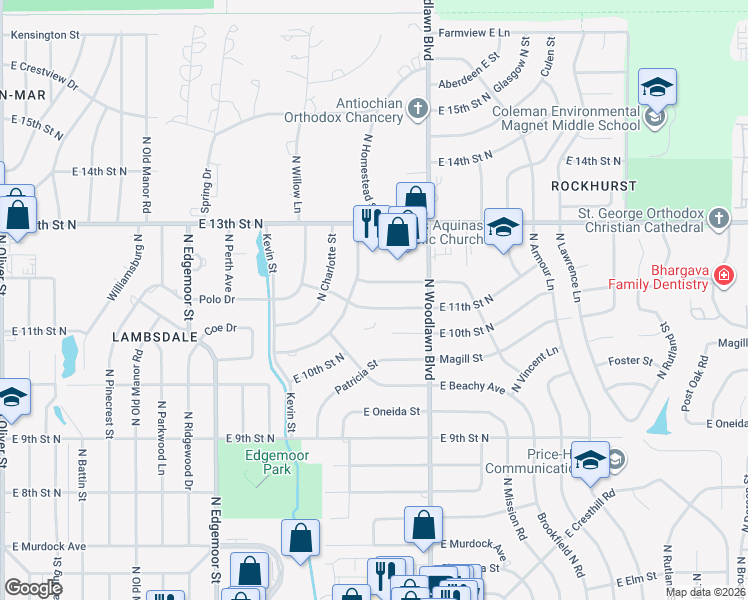 map of restaurants, bars, coffee shops, grocery stores, and more near 6110 East 11th Street North in Wichita