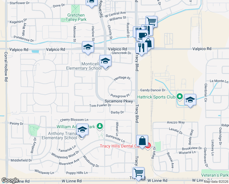 map of restaurants, bars, coffee shops, grocery stores, and more near 775 Potsgrove Place in Tracy
