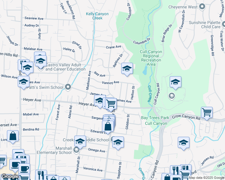 map of restaurants, bars, coffee shops, grocery stores, and more near 19070 Center Street in Castro Valley