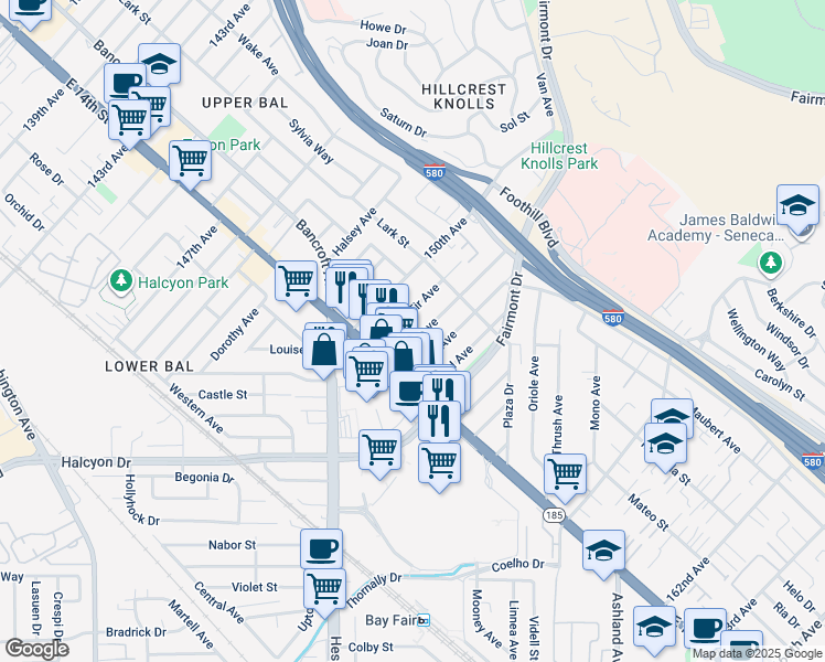 map of restaurants, bars, coffee shops, grocery stores, and more near 1473 151st Avenue in San Leandro