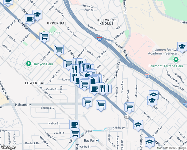 map of restaurants, bars, coffee shops, grocery stores, and more near 1473 151st Avenue in San Leandro
