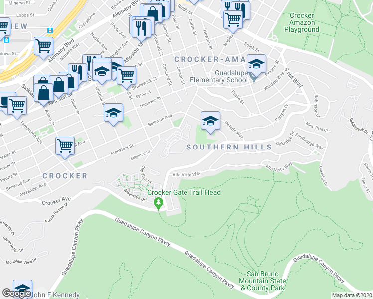 map of restaurants, bars, coffee shops, grocery stores, and more near 1017 San Gabriel Circle in Daly City