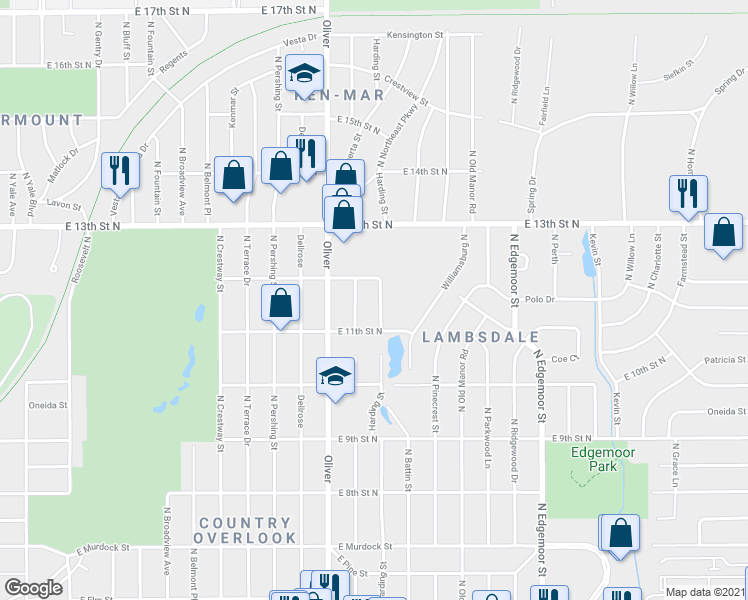 map of restaurants, bars, coffee shops, grocery stores, and more near 1222 Harding Street in Wichita