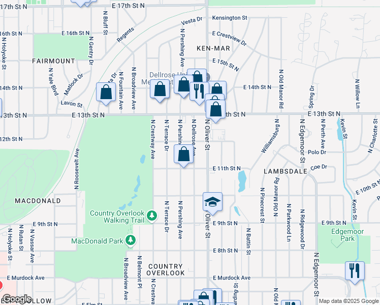 map of restaurants, bars, coffee shops, grocery stores, and more near 1228 N Pershing St in Wichita