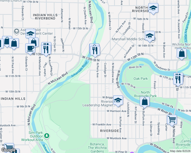 map of restaurants, bars, coffee shops, grocery stores, and more near 1221 N Perry Ave in Wichita